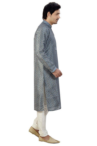 Digital Print Silk Kurta Suit With Resham Thread Work On Neck Line - Navy Blue