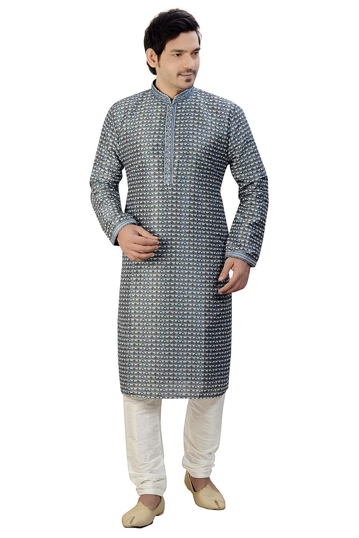 Navy Blue Digital Print Silk Kurta Suit