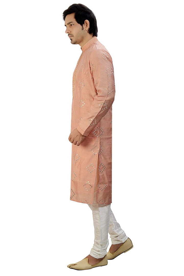 Light Peach Soft Silk Kurta Suit With Mirror Work All Over