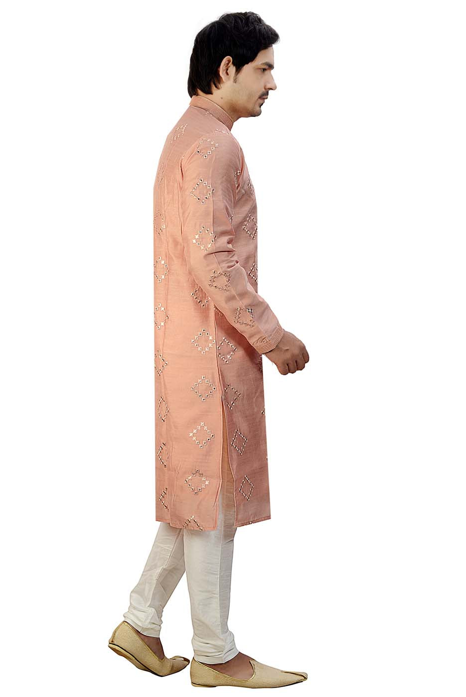 Light Peach Soft Silk Kurta Suit With Mirror Work All Over