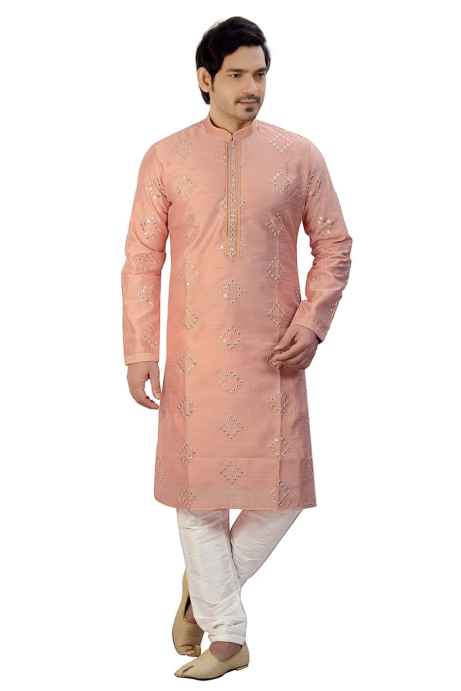 Light Peach Soft Silk Kurta Suit With Mirror Work All Over