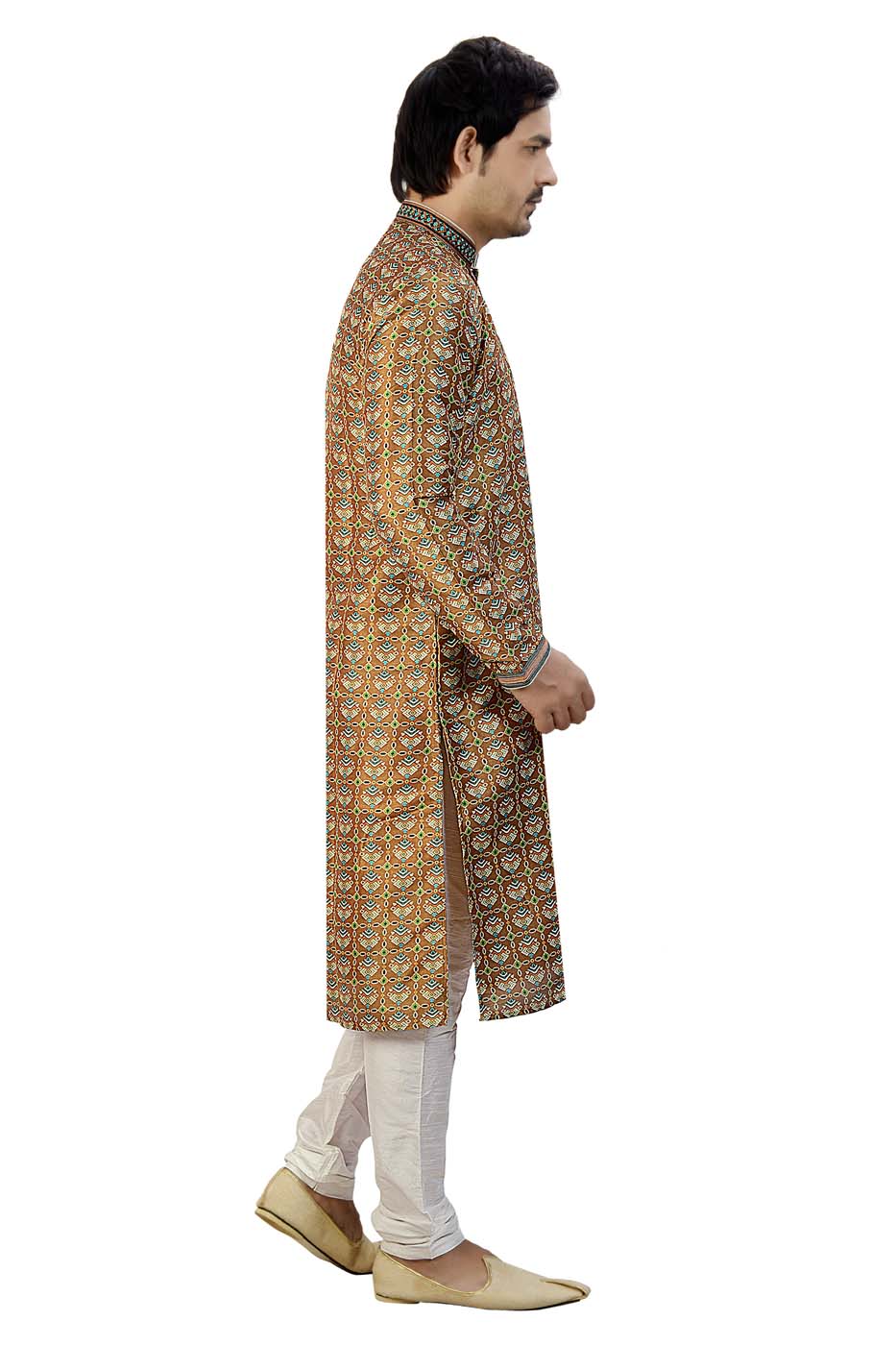 Digital Print Silk Kurta Suit With Resham Thread Work On Neck Line - Brown