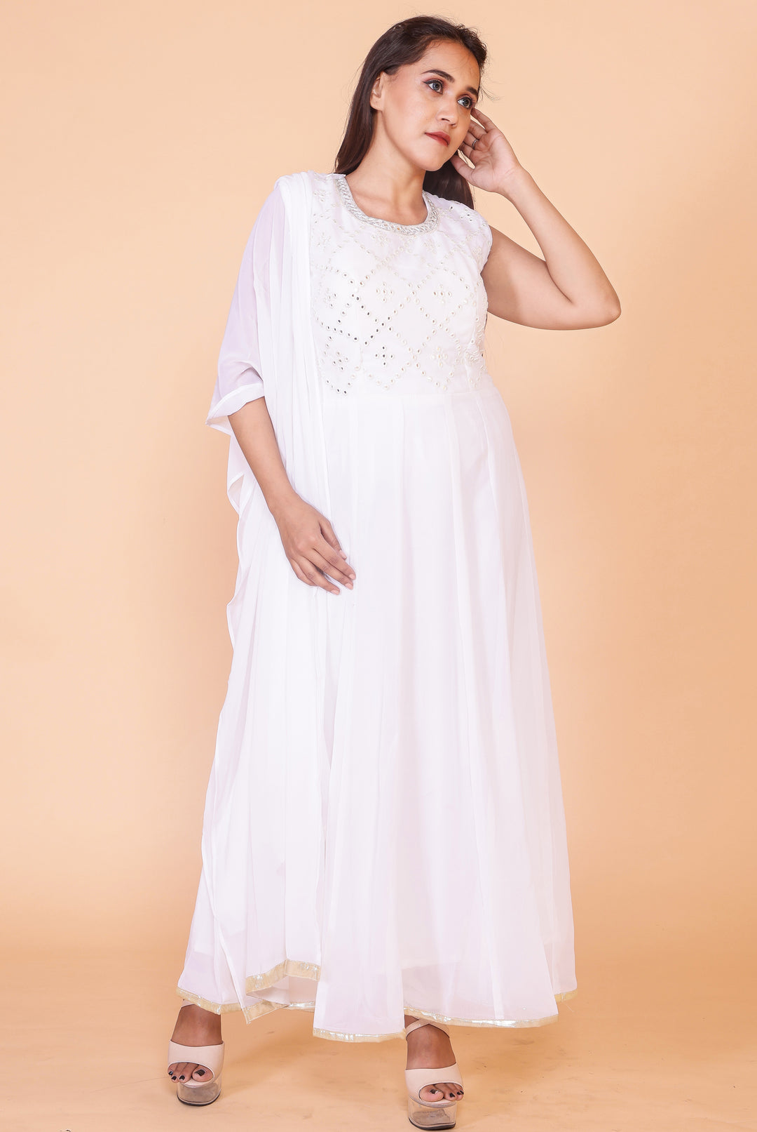 White Mirror work Anarkali Suit