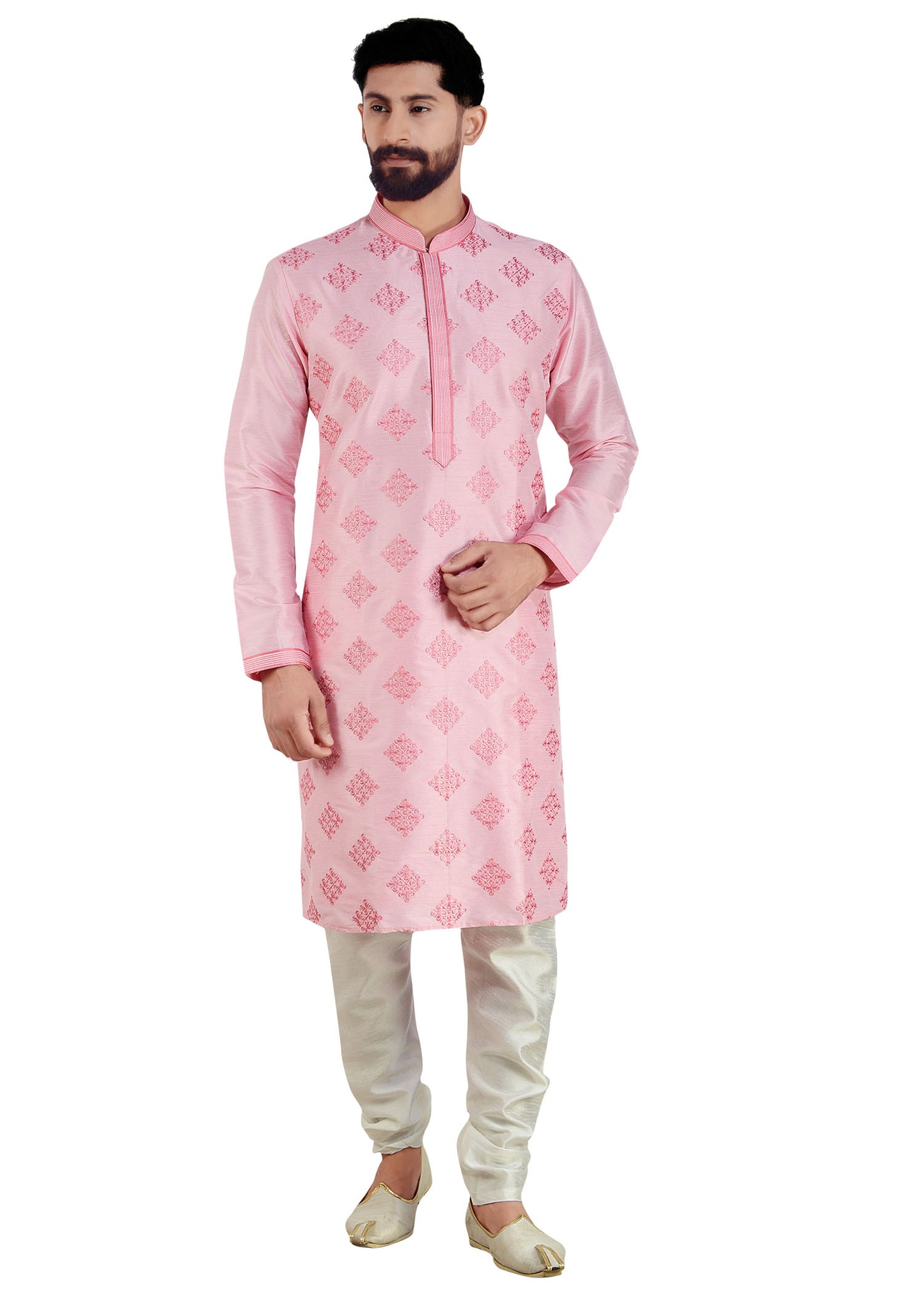 Thread Embroidered Dupion Silk Kurta Suit - Light Pink
