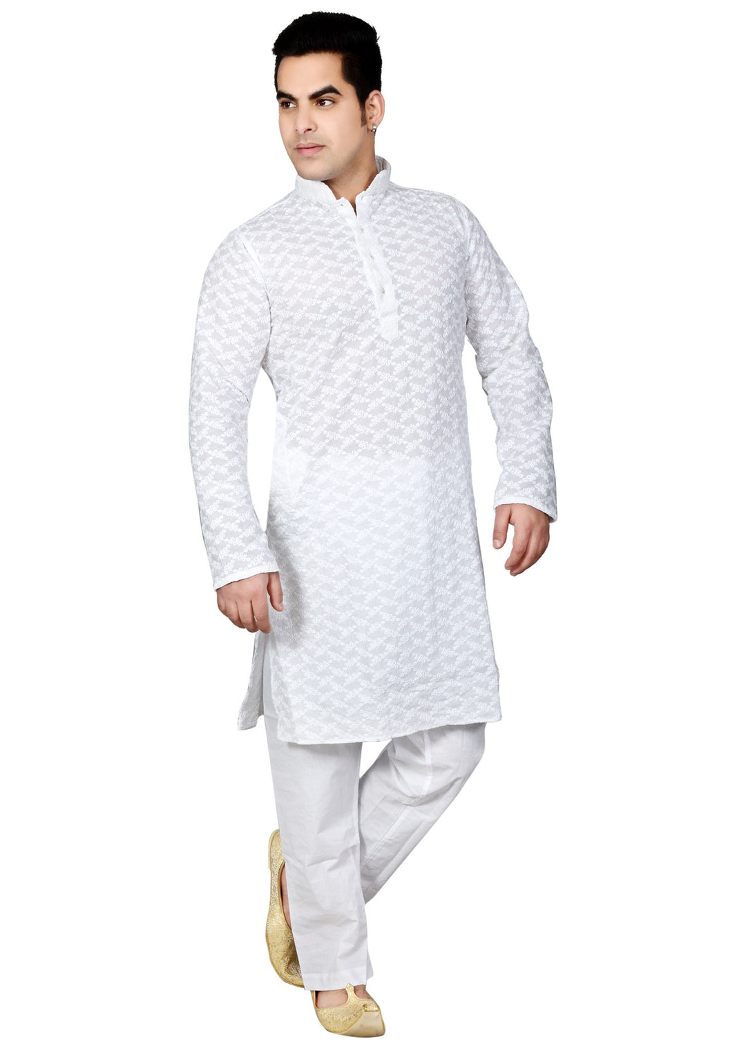 White Cotton Chicken Kari kurta Suit.